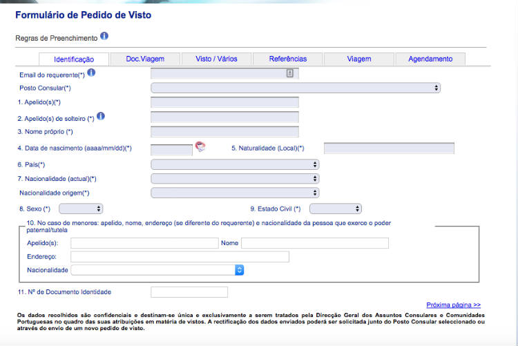 formulario de pedido de visto para Portugal